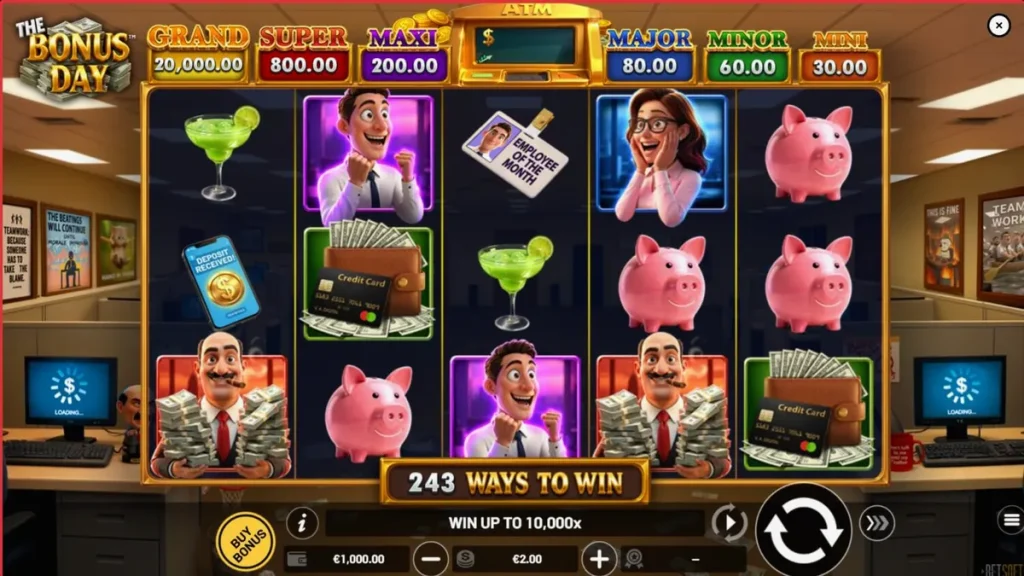 Interface do jogo The Bonus Day com tema de escritório e símbolos de bônus