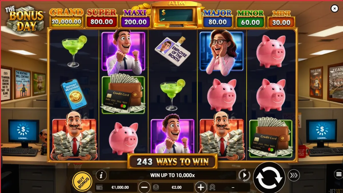Interface do jogo The Bonus Day com tema de escritório e símbolos de bônus