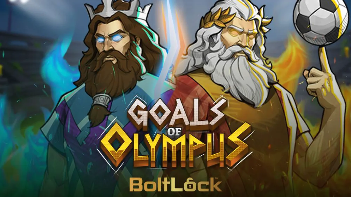 Interface do slot Goals of Olympus BoltLock com elementos de futebol e mitologia grega